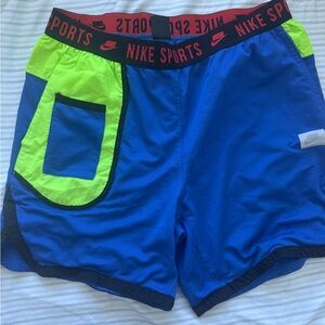 Nike Sports Men's Blue and Neon Green Shorts